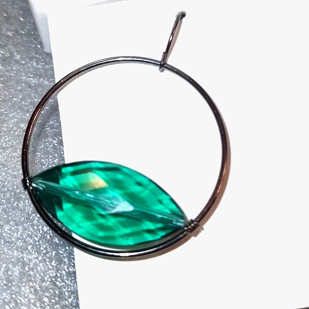 Black Gunmetal Green Translucent Bead Hoop Earrings